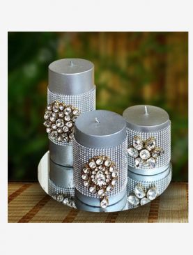 Luxury Silver Candles with Kundan motif on a Round mirror base